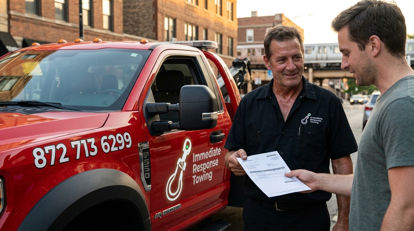 Immediate Response Towing driver handing a customer an itemized invoice for reimbursement Immediate Response Towing driver handing a customer an itemized invoice for reimbursement