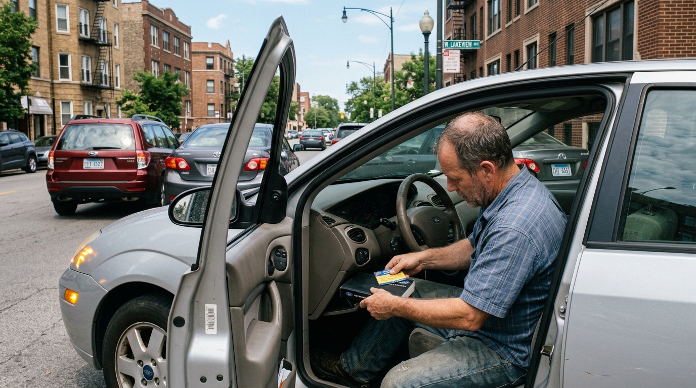 Driver finding his manufacturer roadside assistance card in the glove box Driver finding his manufacturer roadside assistance card in the glove box