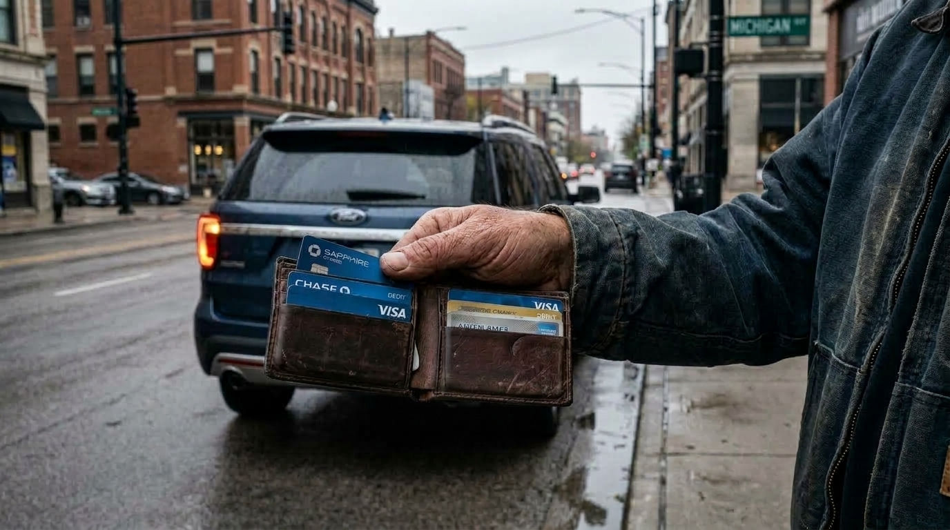 Driver checking his credit cards for roadside assistance benefits Driver checking his credit cards for roadside assistance benefits