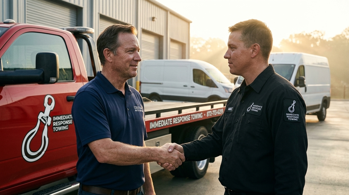Business owner thanking Immediate Response Towing after commercial vehicle towing service