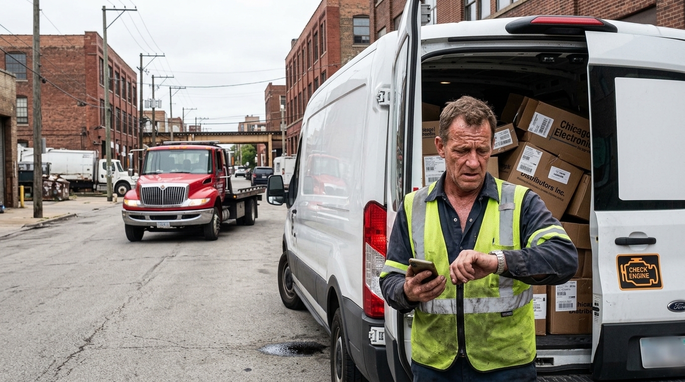 Fleet driver waiting beside a stalled cargo van for a commercial towing company near me