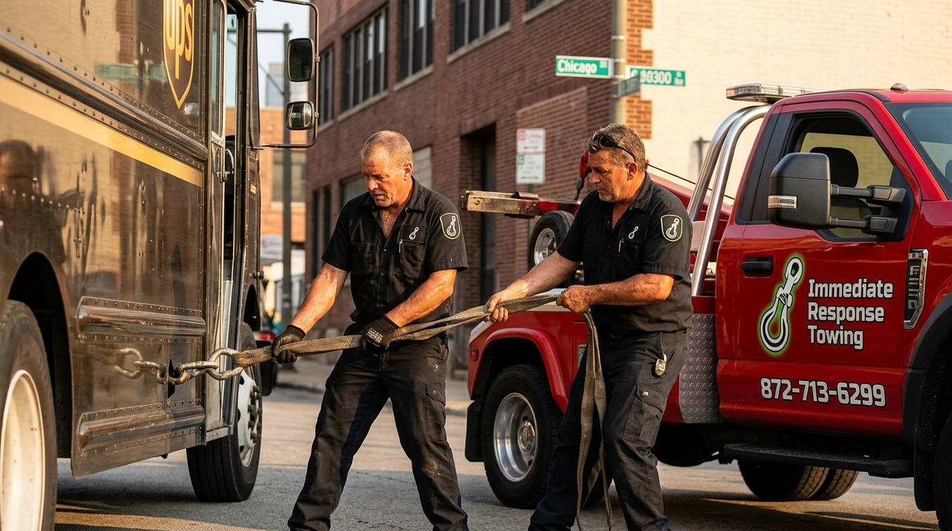 Immediate Response Towing crew rigging a commercial delivery truck for heavy duty towing