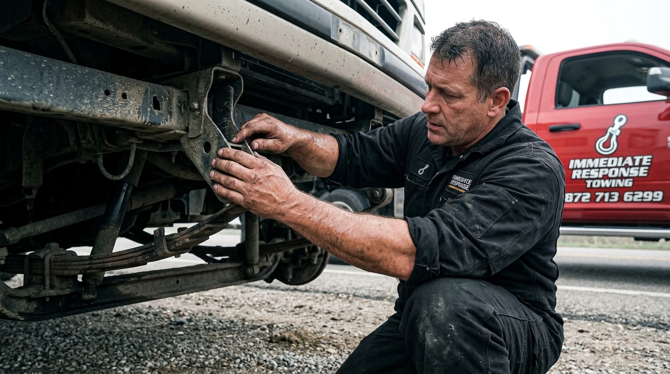Tow operator inspecting a motorhome's suspension before choosing the right towing method Tow operator inspecting a motorhome's suspension before choosing the right towing method