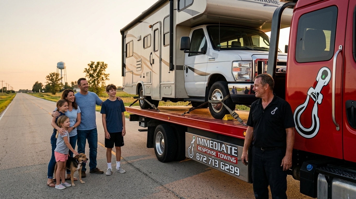 Family stranded beside their motorhome waiting for the right size tow truck Family stranded beside their motorhome waiting for the right size tow truck