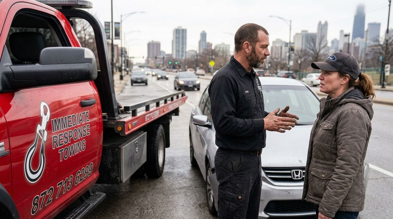 Immediate Response Towing driver explaining the towing process after an accident