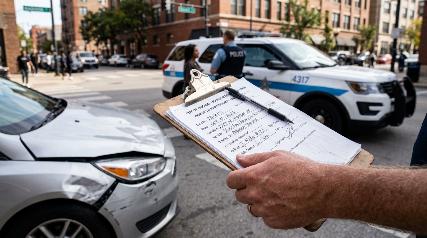 Driver reviewing an authorization to tow form after a car accident