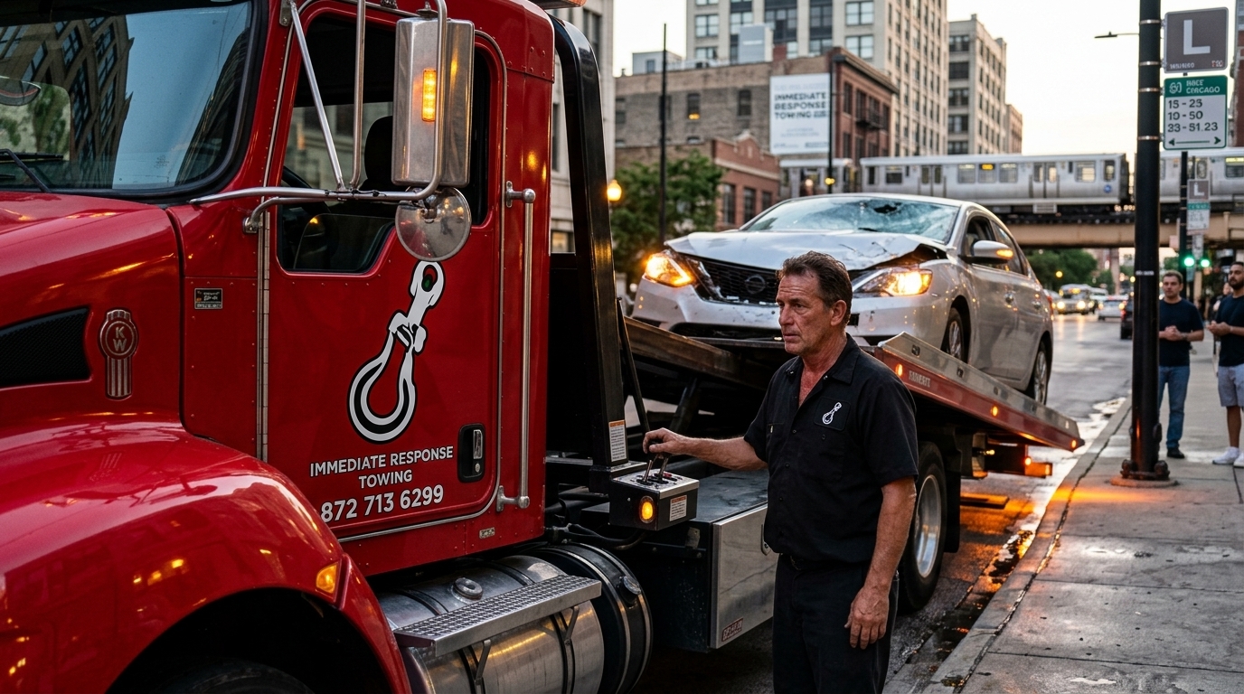 Damaged car being loaded onto an Immediate Response Towing flatbed after an accident