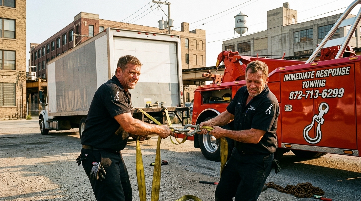 Immediate Response Towing crew rigging a commercial delivery truck for heavy duty towing Immediate Response Towing crew rigging a commercial delivery truck for heavy duty towing
