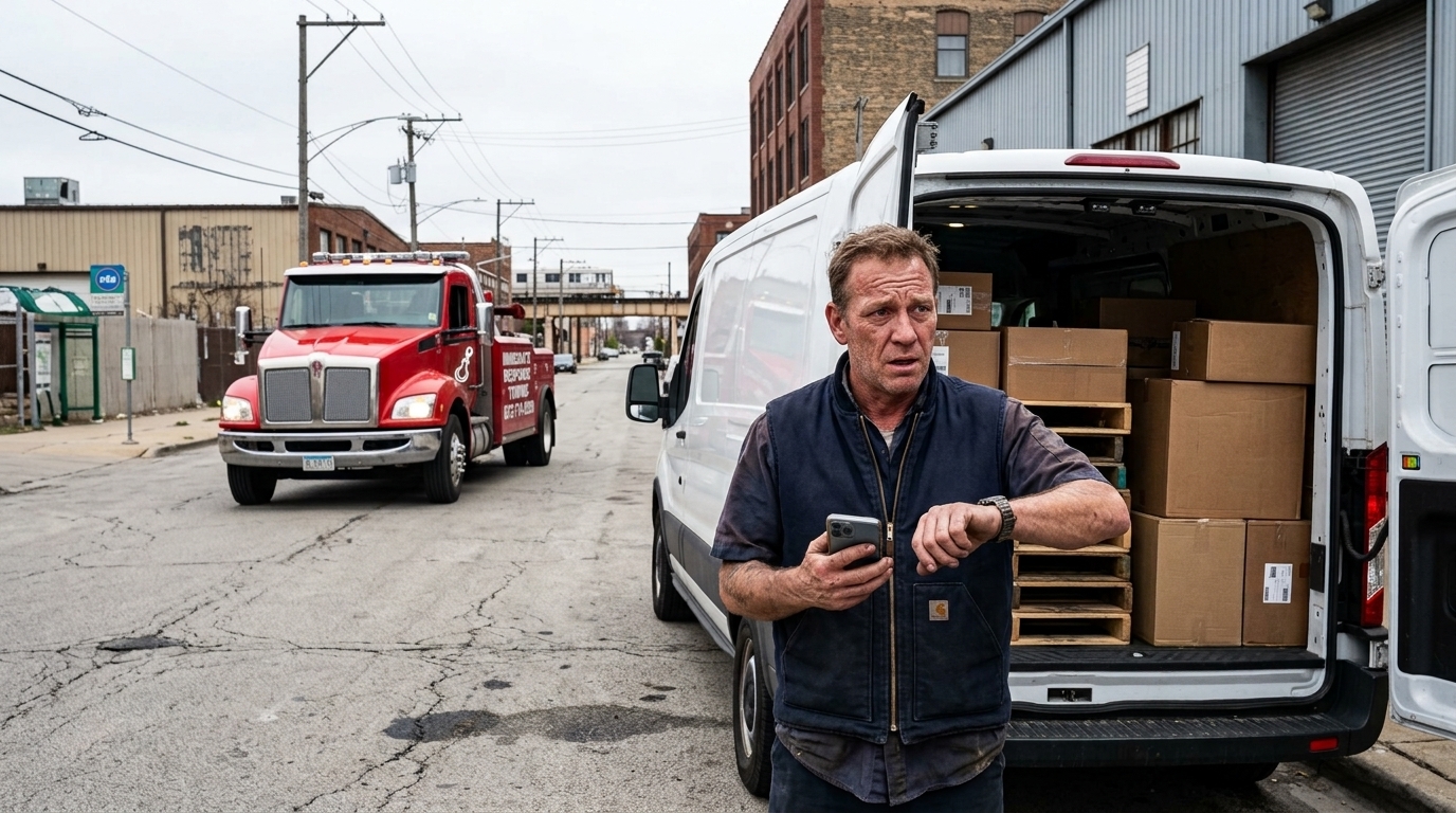 Fleet driver waiting beside a stalled cargo van for a commercial towing company near me Fleet driver waiting beside a stalled cargo van for a commercial towing company near me