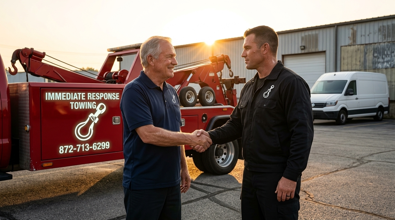 Business owner thanking Immediate Response Towing after commercial vehicle towing service Business owner thanking Immediate Response Towing after commercial vehicle towing service