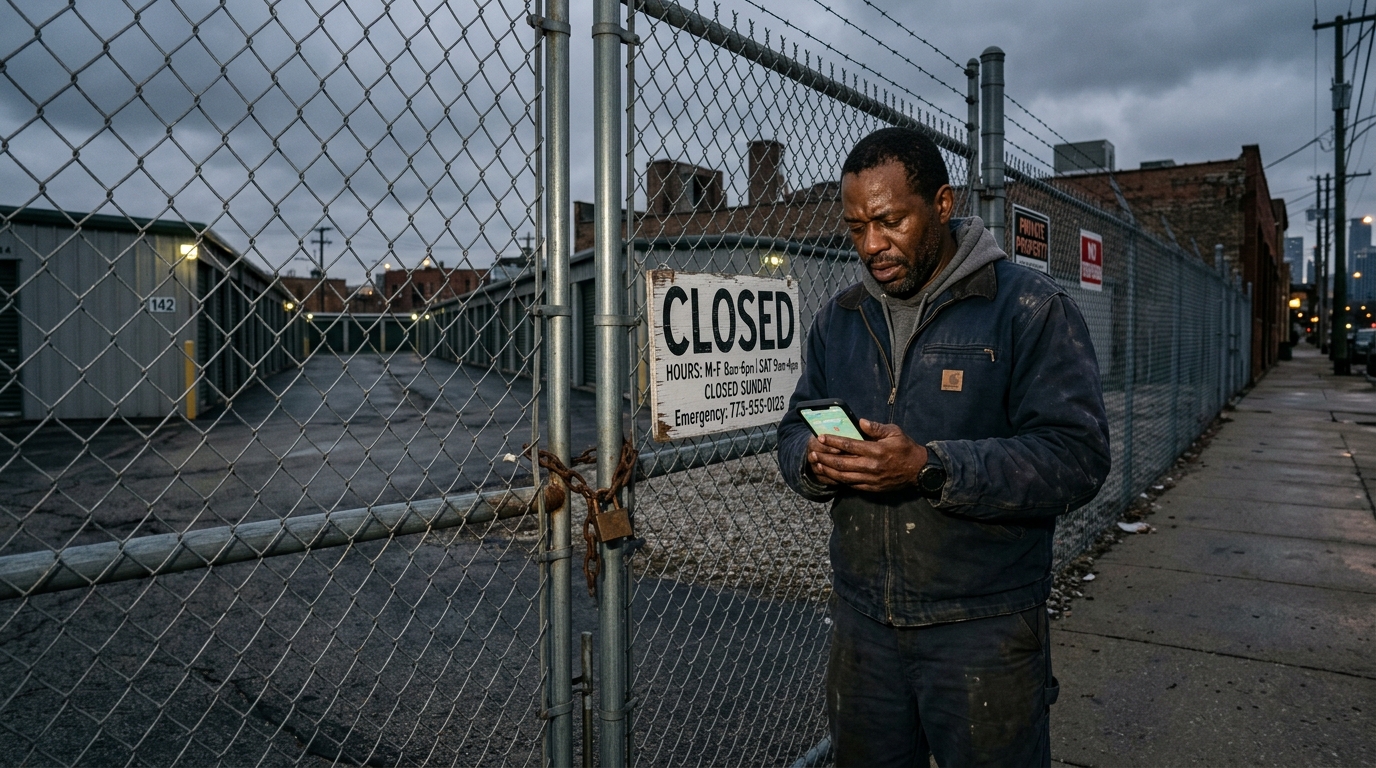 Driver arriving at a tow yard after hours to find the gate closed Driver arriving at a tow yard after hours to find the gate closed