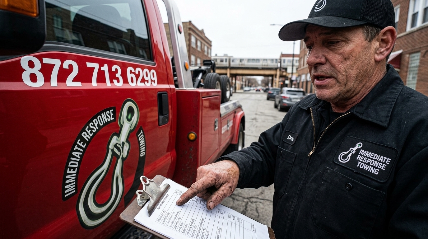 Immediate Response Towing driver explaining itemized heavy duty towing fees