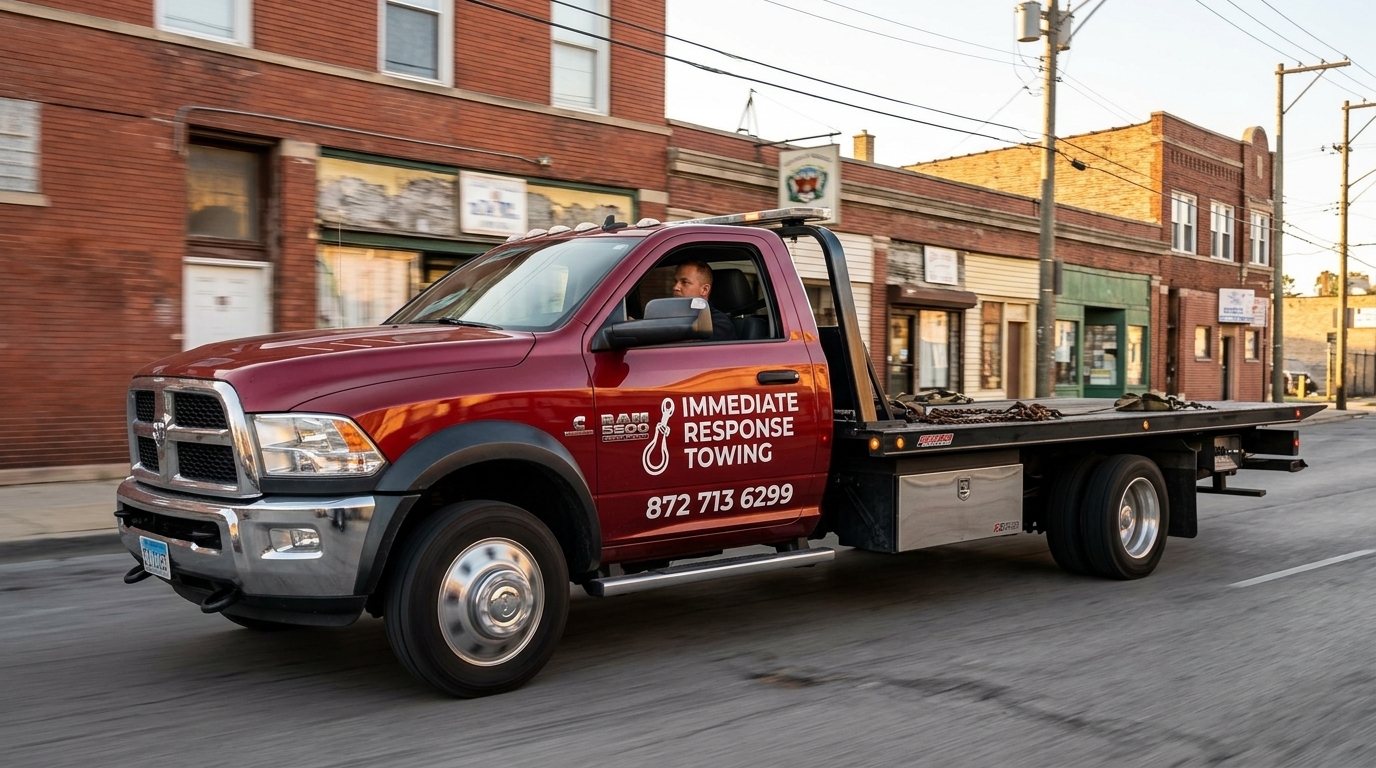 Immediate Response Towing tow truck heading to a call on the South Side of Chicago