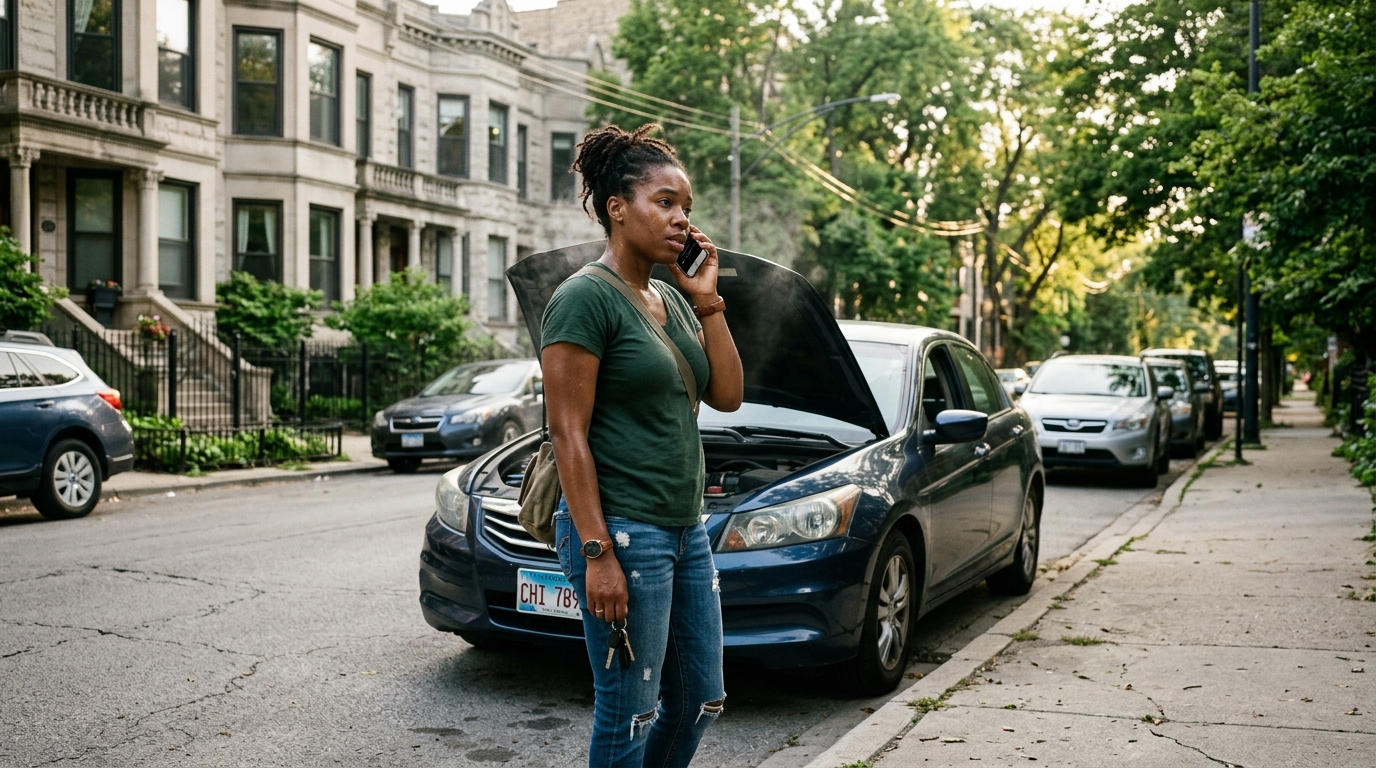 Driver stranded on a North Side Chicago street waiting for a nearby tow truck