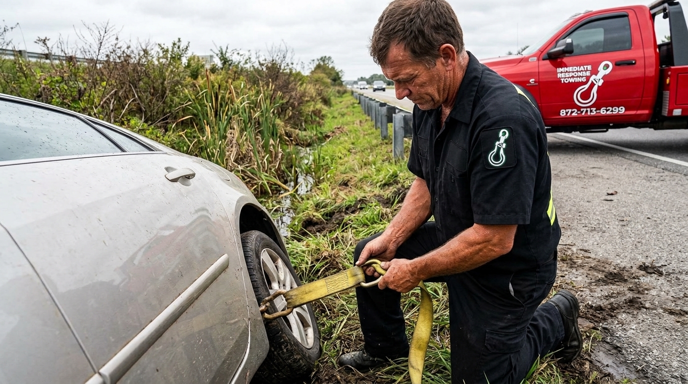 Immediate Response Towing recovery crew winching a car out of a roadside ditch Immediate Response Towing recovery crew winching a car out of a roadside ditch