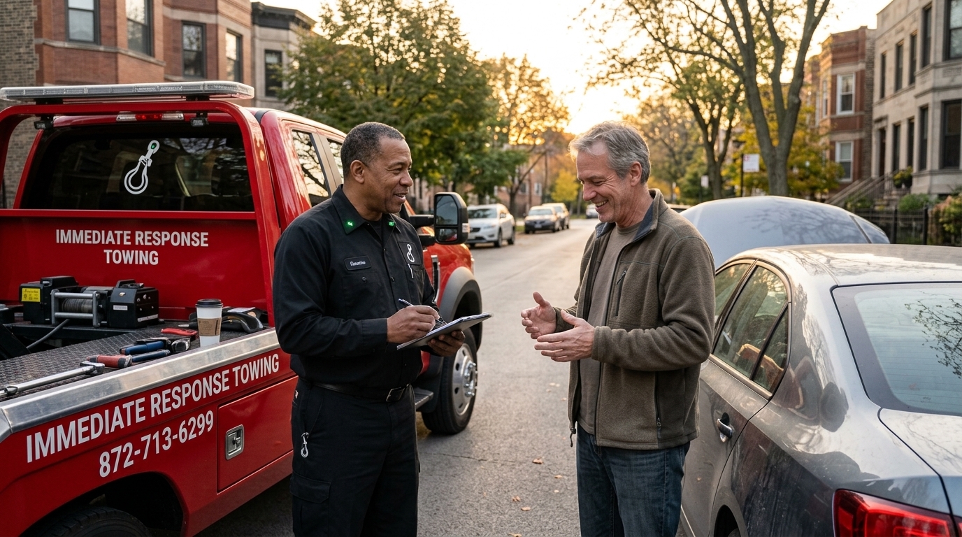 Relieved driver speaking with an Immediate Response Towing operator after a fast response Relieved driver speaking with an Immediate Response Towing operator after a fast response