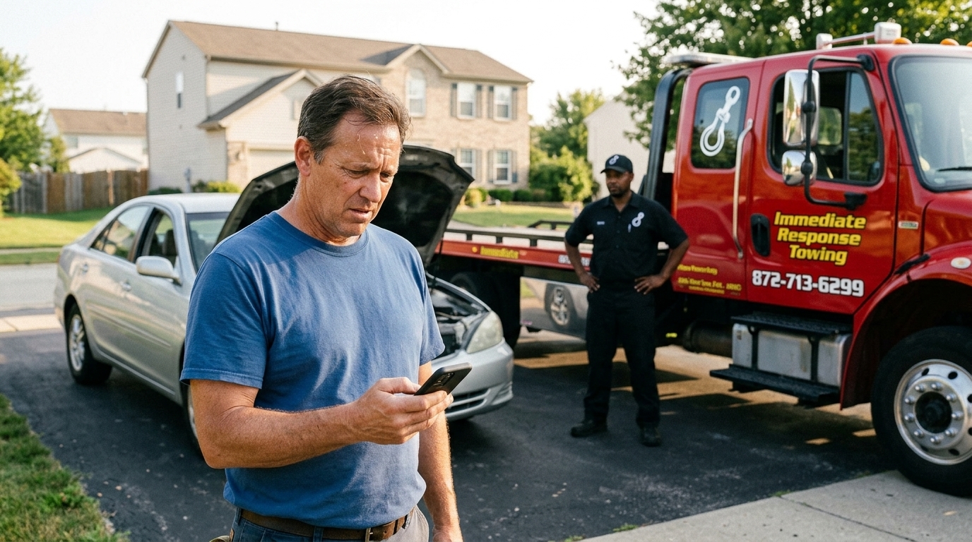 Driver deciding where to tow his car while a red Immediate Response Towing truck waits
