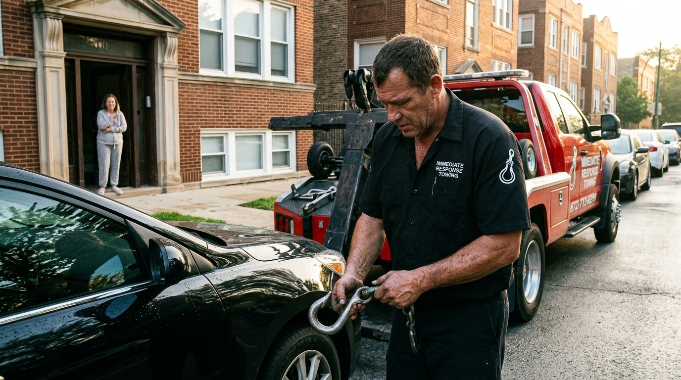 Immediate Response Towing crew helping a resident whose car broke down at their apartment