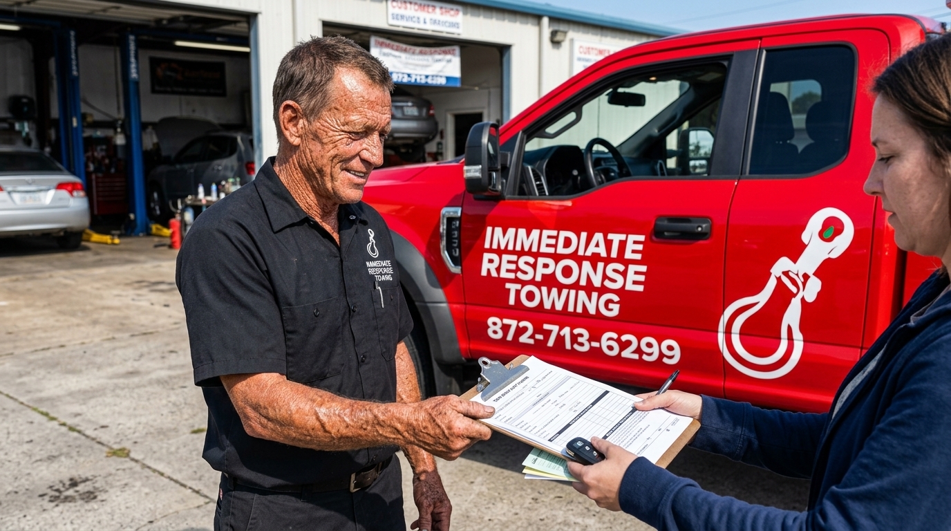 Immediate Response Towing driver dropping off a car at a repair shop