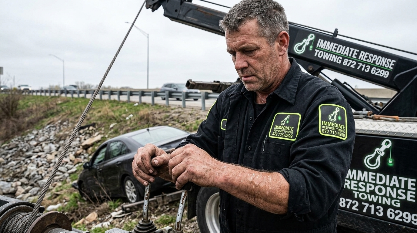 Immediate Response Towing operator controlling a boom truck during a car recovery