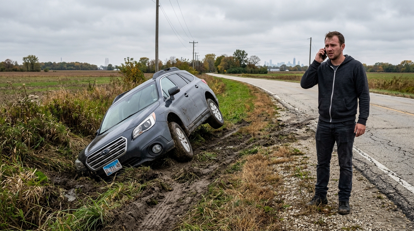Car stuck in a ditch off a Chicago area road needing crane recovery