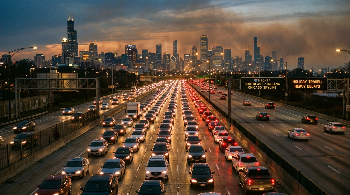 Heavy holiday traffic on a Chicago expressway during a busy travel weekend