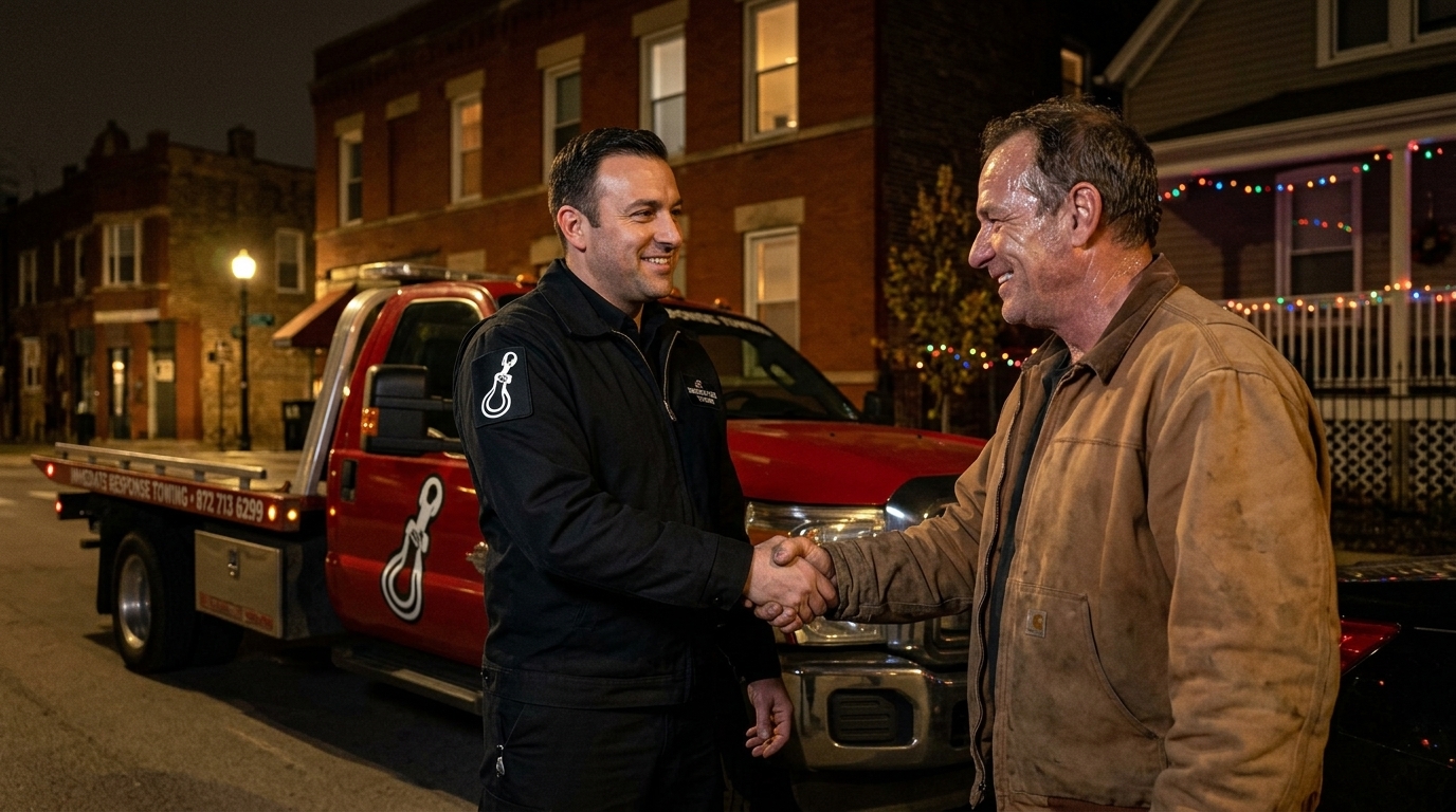 Driver relieved after reaching a real 24/7 tow company during a holiday night