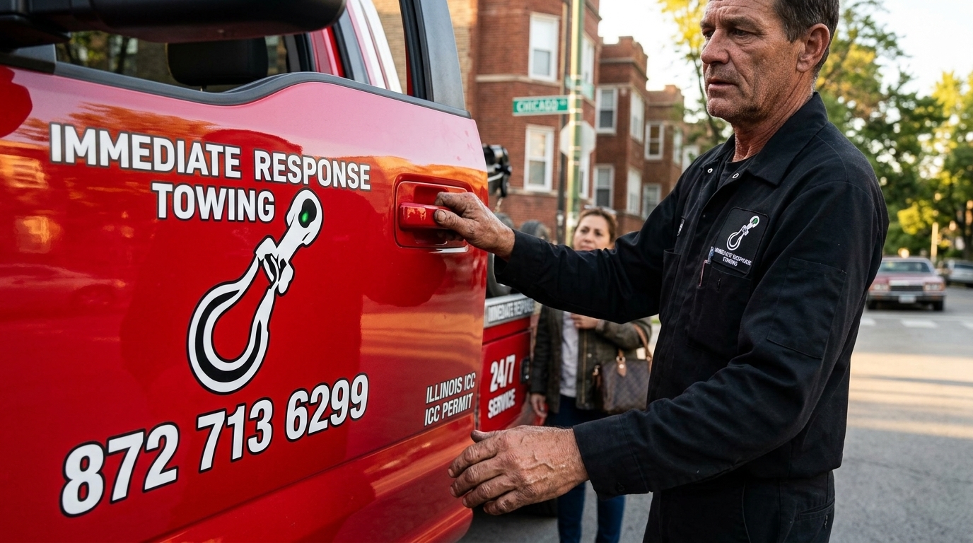 Immediate Response Towing driver helping a customer into the truck cab Immediate Response Towing driver helping a customer into the truck cab