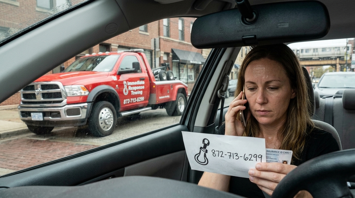 Driver comparing insurance roadside assistance and a local towing company