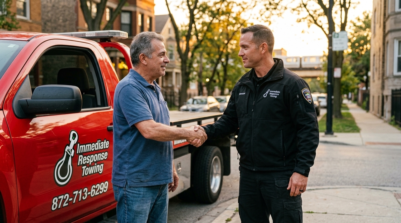 Relieved driver thanking Immediate Response Towing after a fast local tow