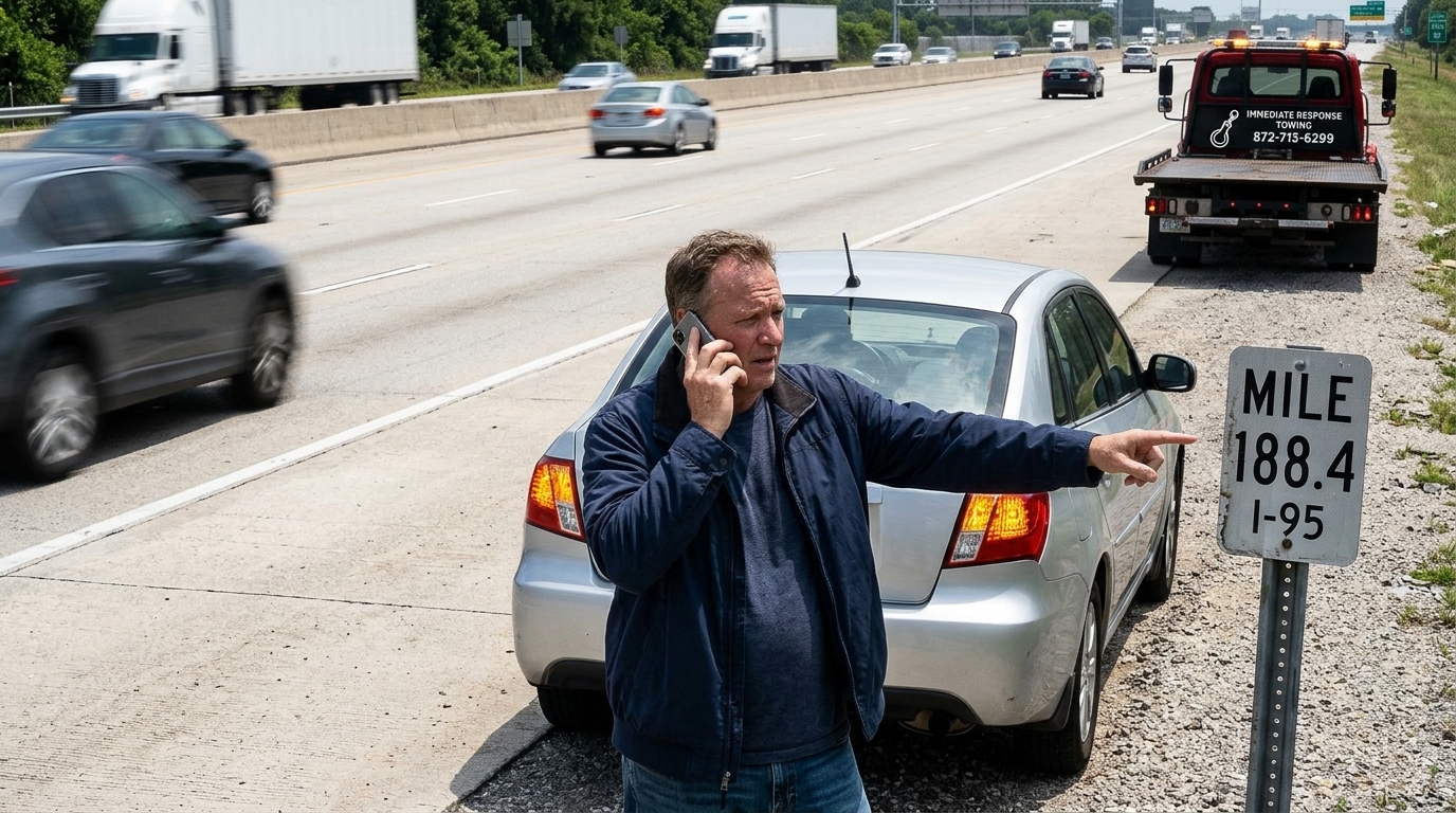 Driver describing a highway shoulder location to get a car towed