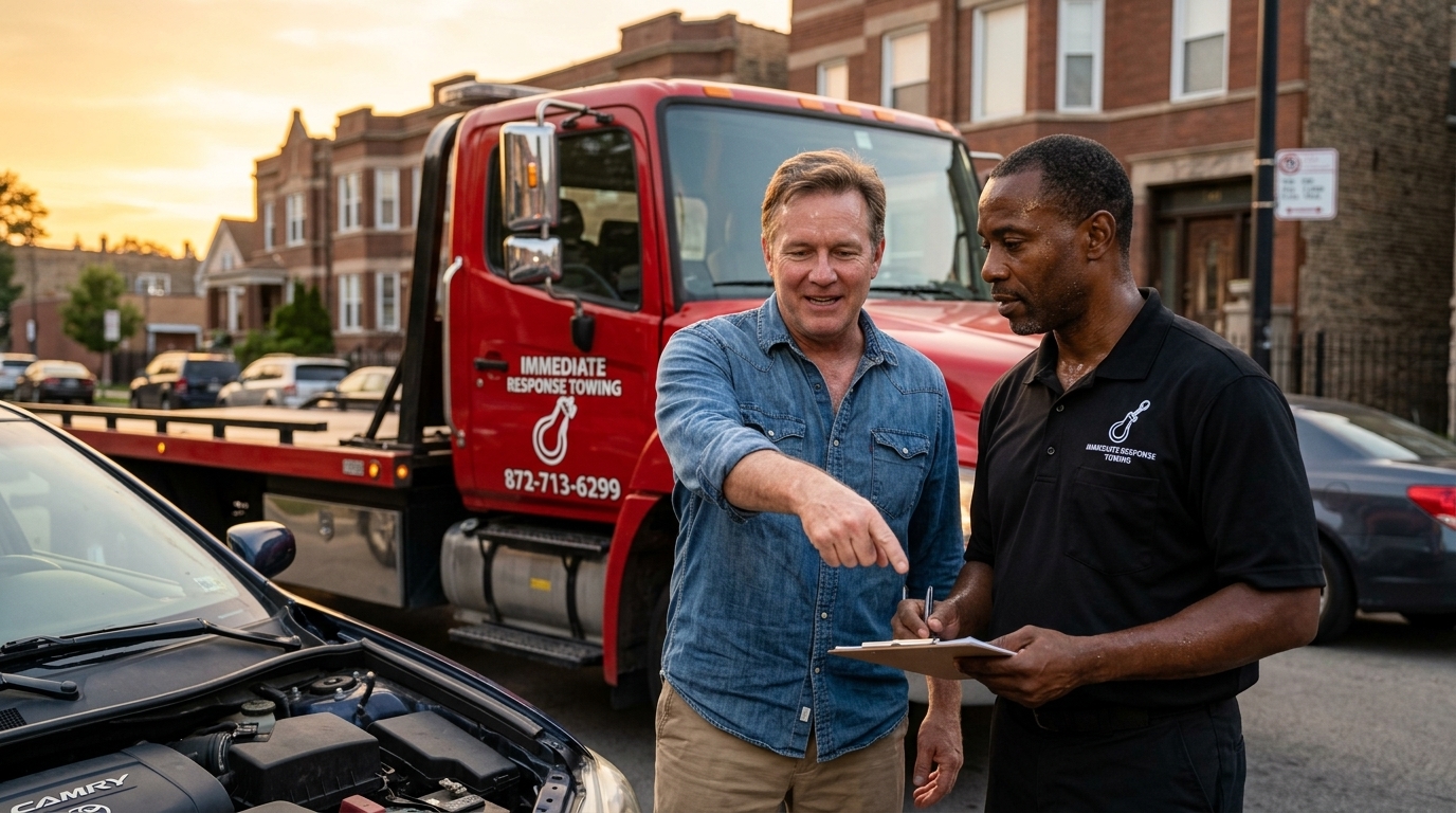 Driver explaining a breakdown location to an Immediate Response Towing operator