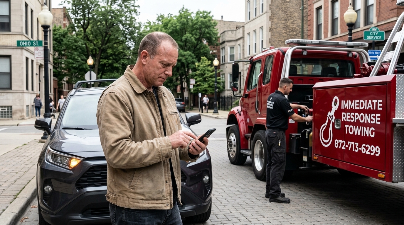 Driver comparing vehicle towing companies near me before choosing one Driver comparing vehicle towing companies near me before choosing one