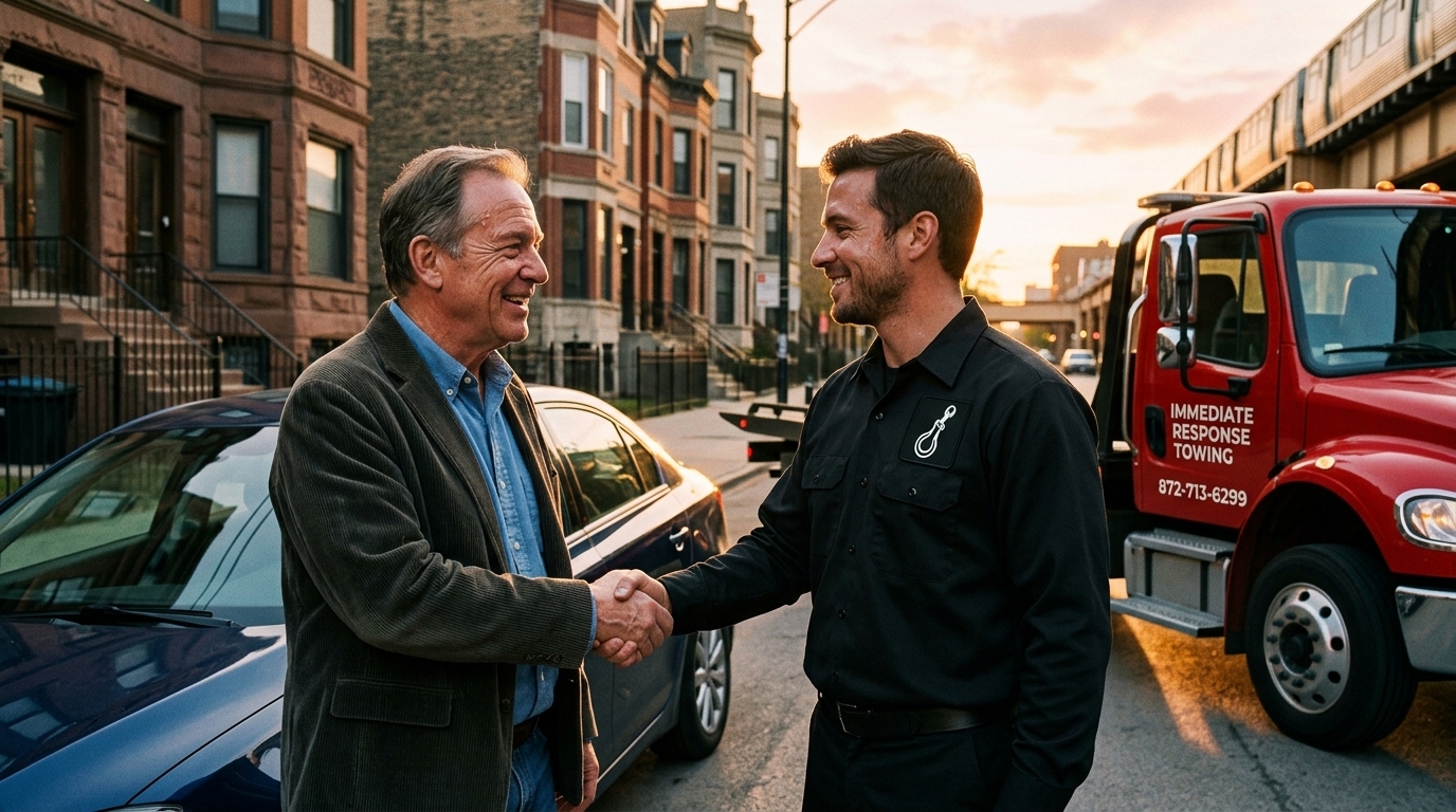 Driver thanking a trusted vehicle towing company near me after a fast response Driver thanking a trusted vehicle towing company near me after a fast response