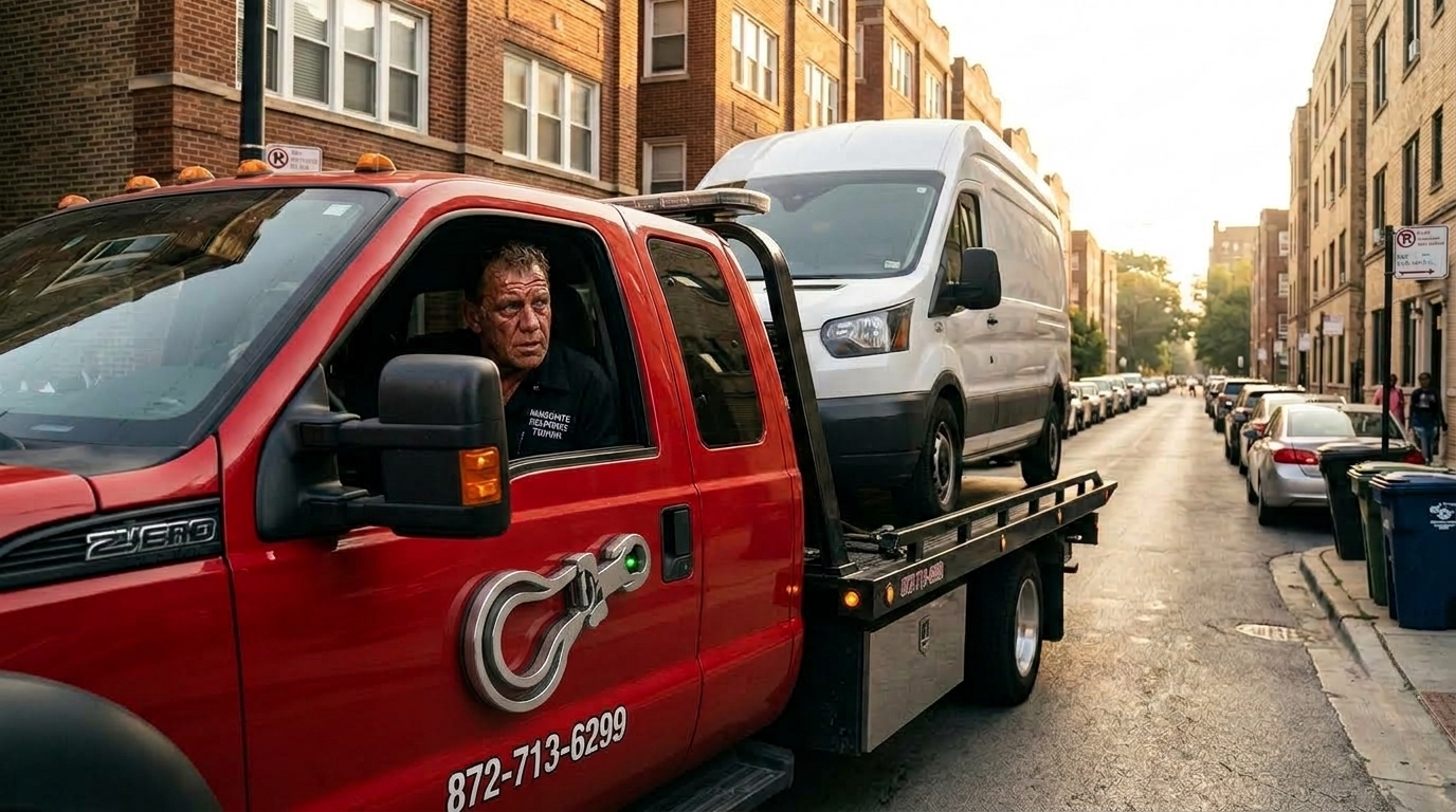 Immediate Response Towing truck carrying a delivery van through a narrow Chicago street