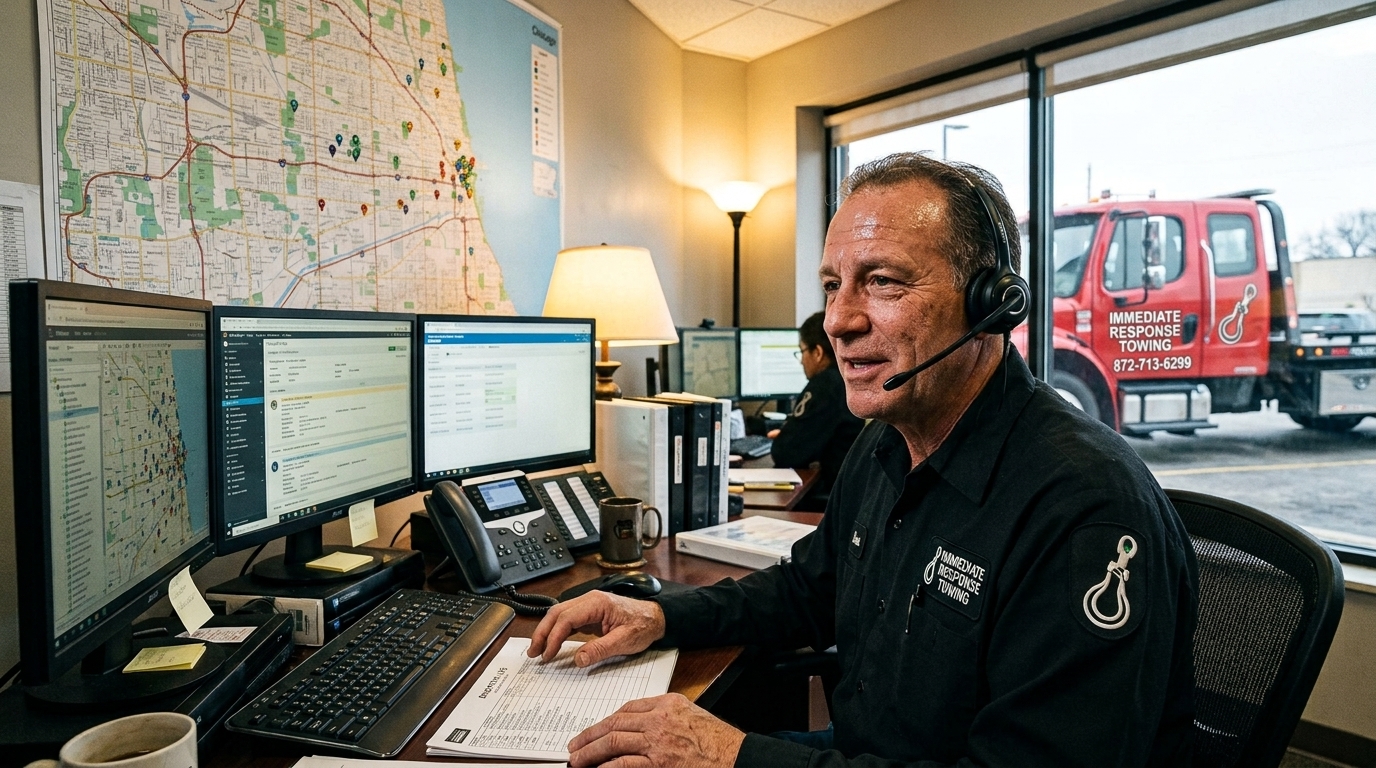 Immediate Response Towing dispatcher on a call at a busy Chicago office