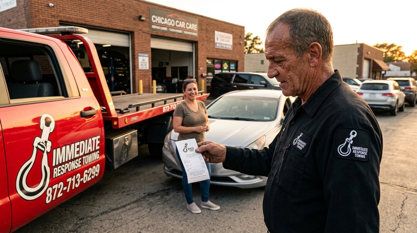 Immediate Response Towing operator handing a receipt to a customer after delivering her car