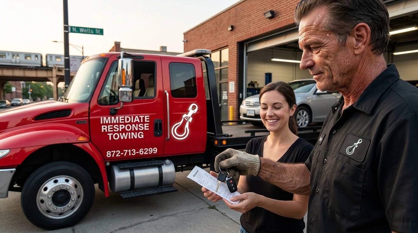Immediate Response Towing operator delivering a customer's car to a repair shop Immediate Response Towing operator delivering a customer's car to a repair shop