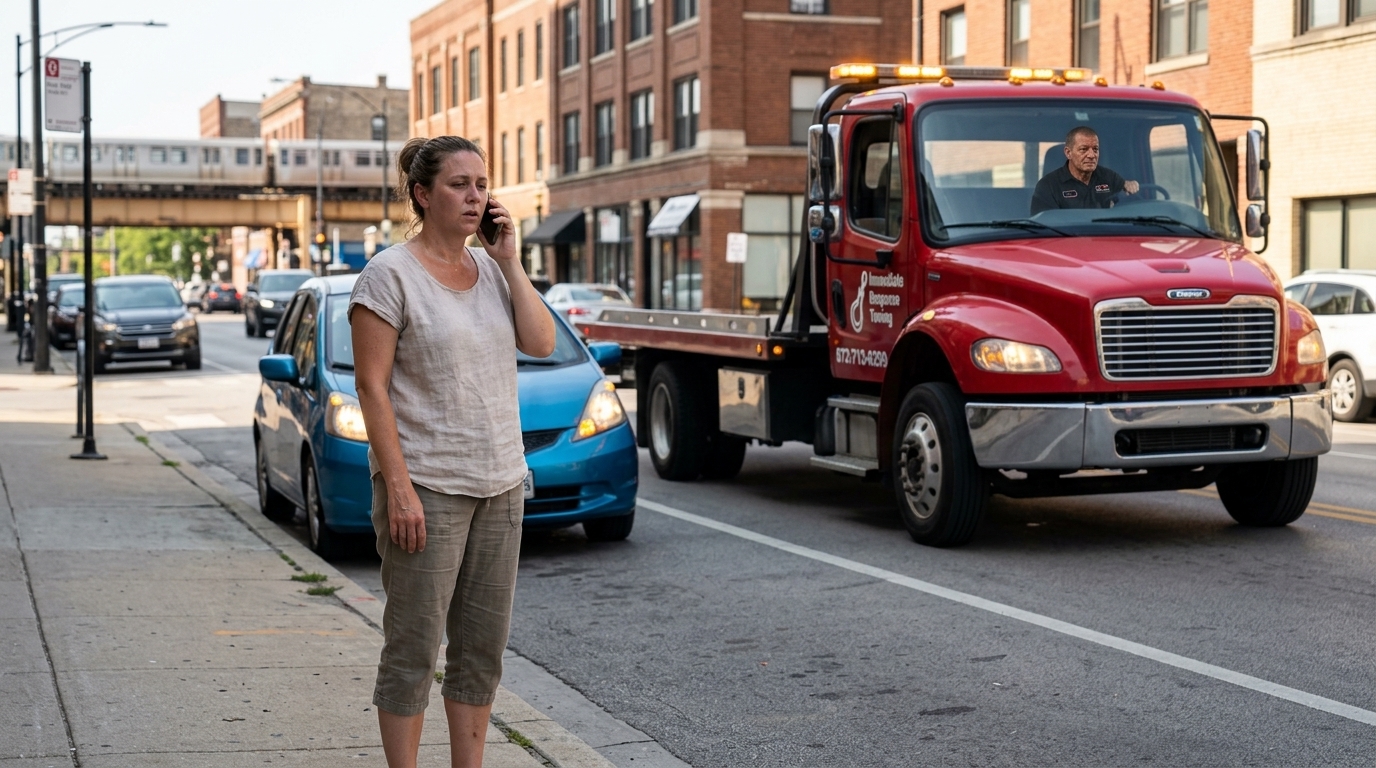 Stranded driver calling for help as an Immediate Response Towing truck arrives Stranded driver calling for help as an Immediate Response Towing truck arrives