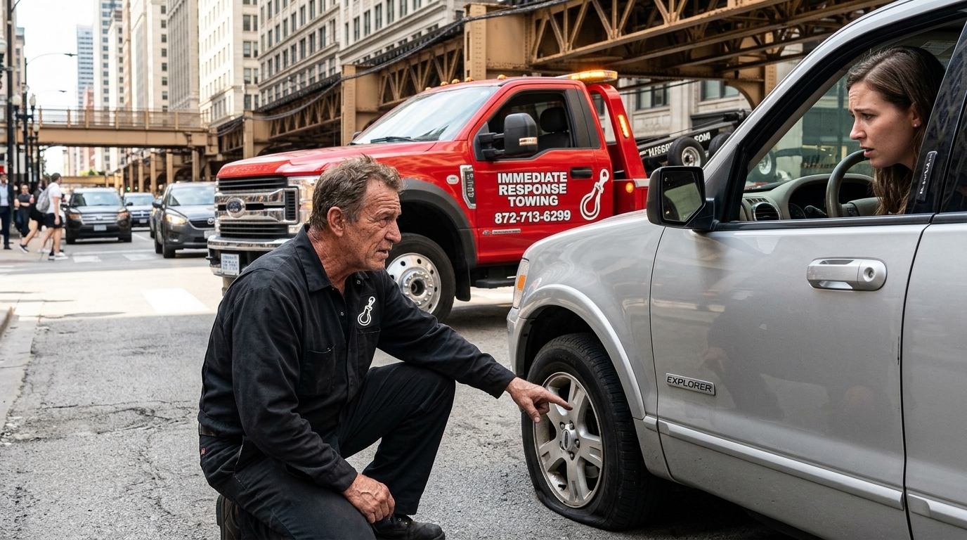 Immediate Response Towing operator explaining the tow plan to a driver beside a stalled SUV Immediate Response Towing operator explaining the tow plan to a driver beside a stalled SUV