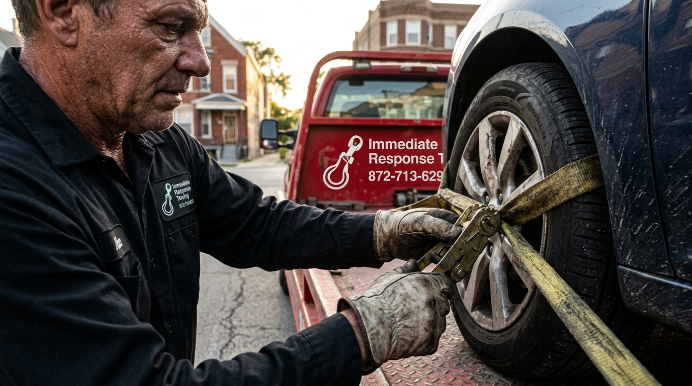Tow worker securing a car to a flatbed with straps for safe automobile towing Tow worker securing a car to a flatbed with straps for safe automobile towing