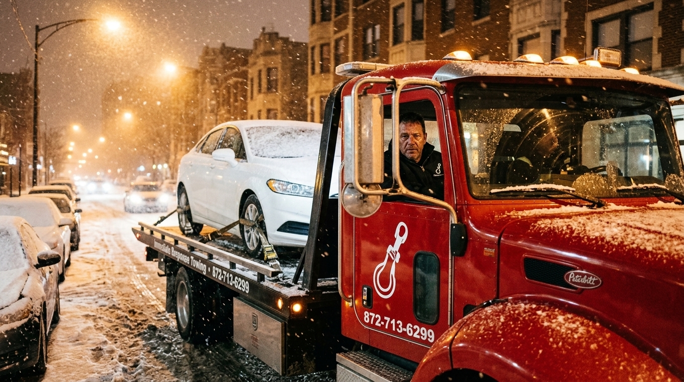 Immediate Response Towing truck carrying a car through a snowy Chicago street at night Immediate Response Towing truck carrying a car through a snowy Chicago street at night