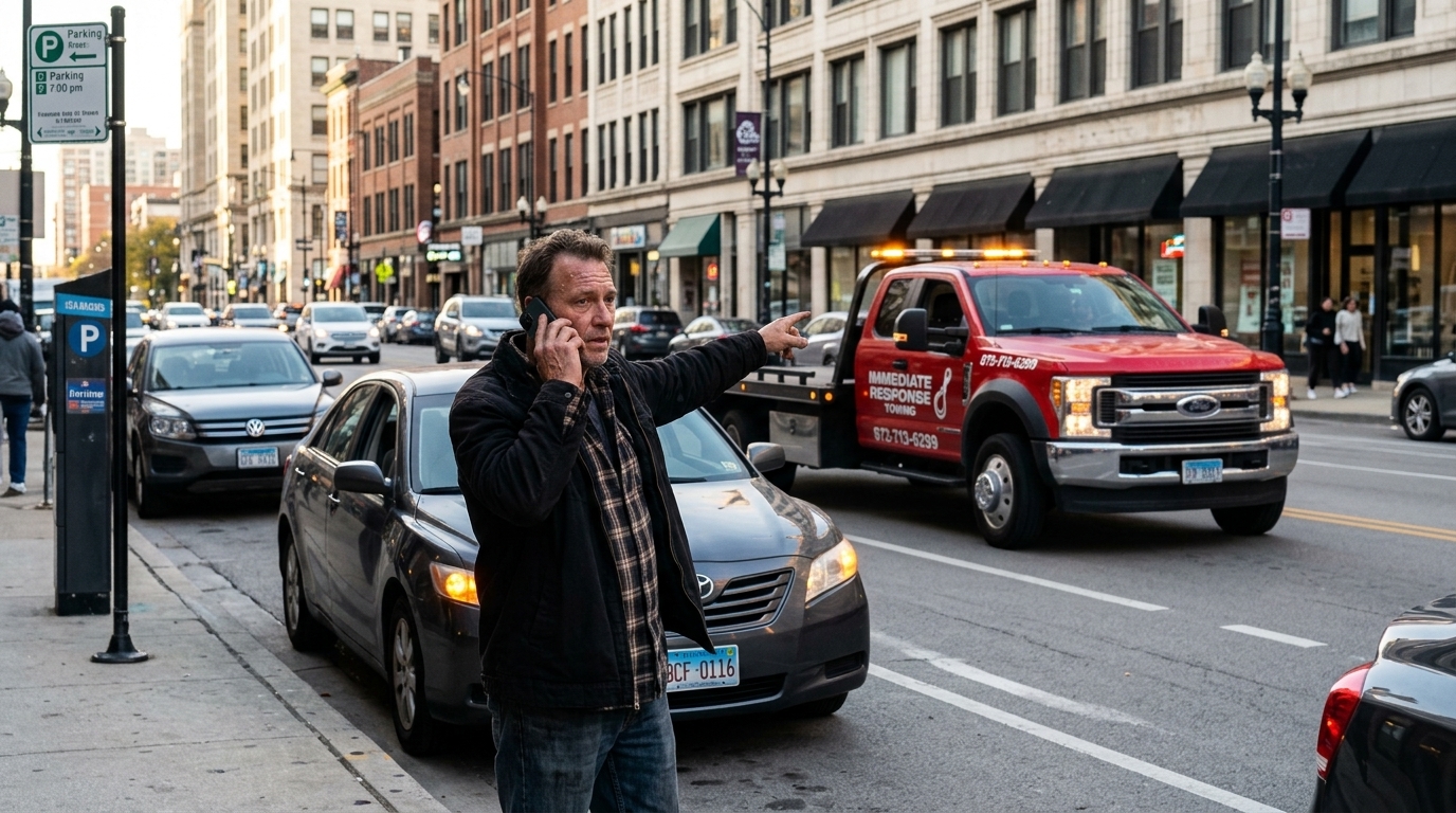 Driver on the phone with a towing dispatcher while waiting beside a stalled sedan in Chicago