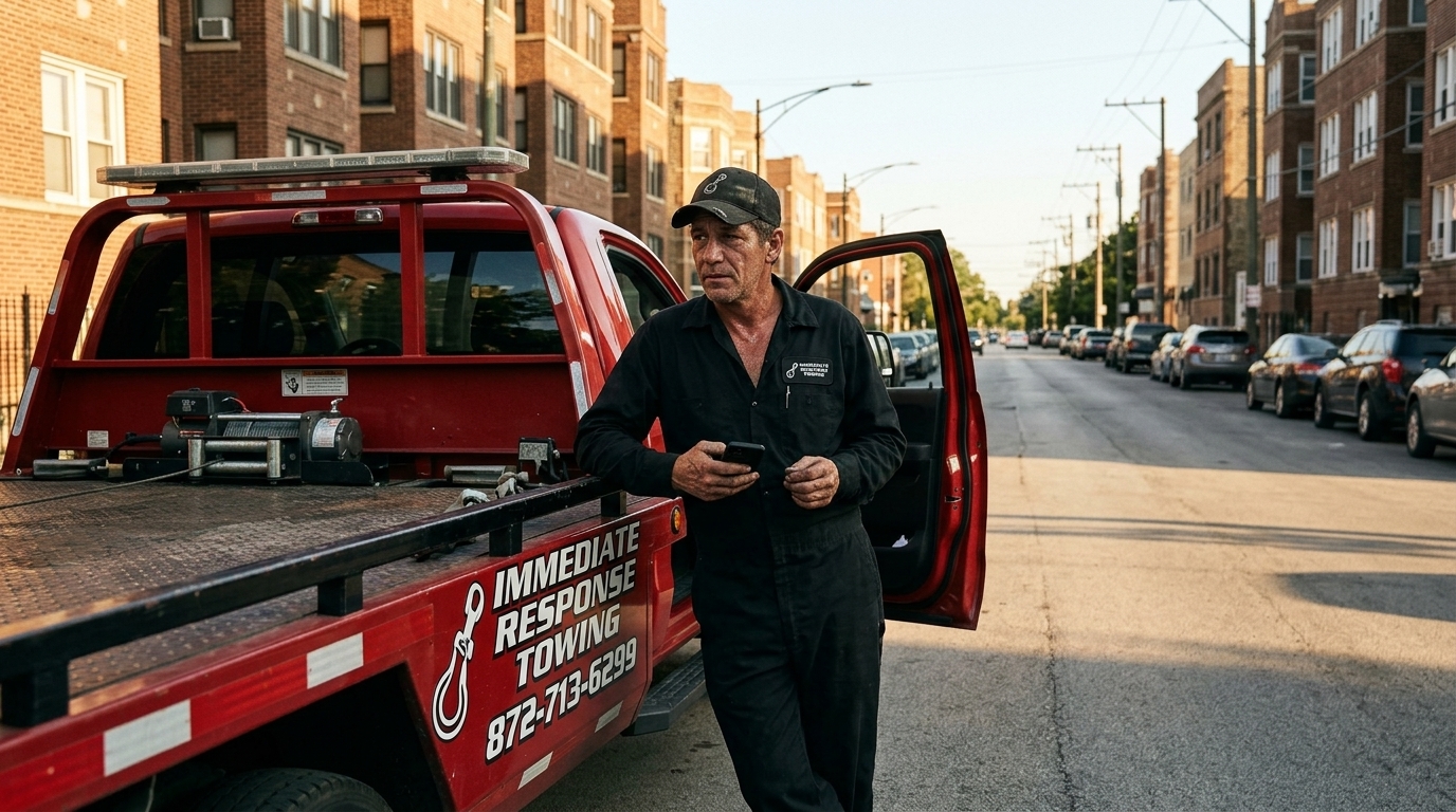 Immediate Response Towing operator checking directions beside his truck on a Chicago street