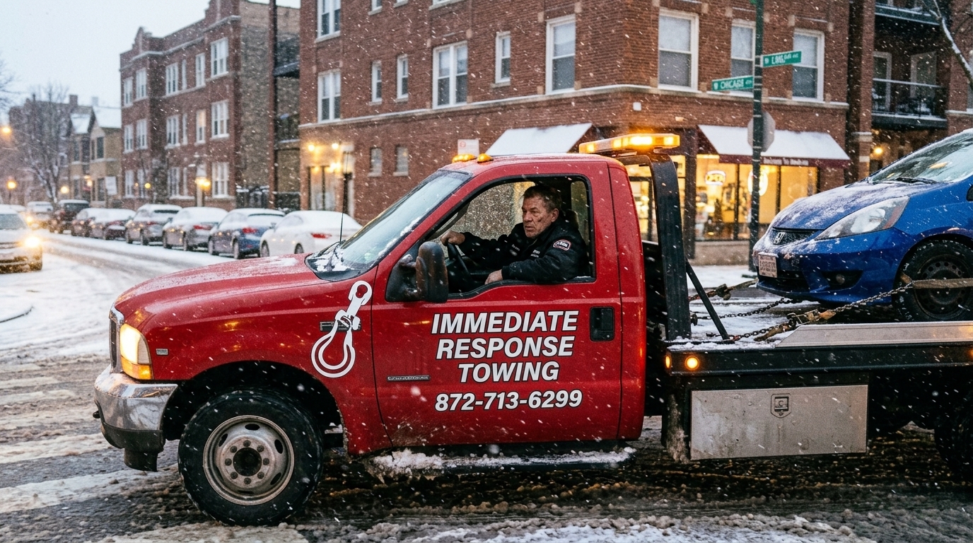 Immediate Response Towing truck carrying a car through a snowy Chicago street