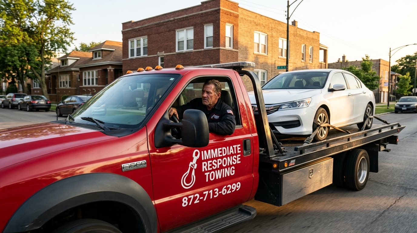 Immediate Response Towing truck carrying a car through a Chicago neighborhood at golden hour