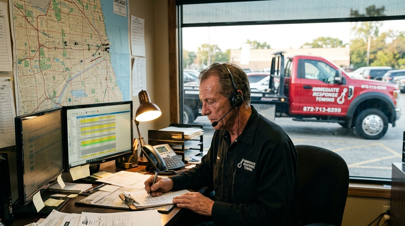 Immediate Response Towing dispatcher noting vehicle details while giving a customer a quote