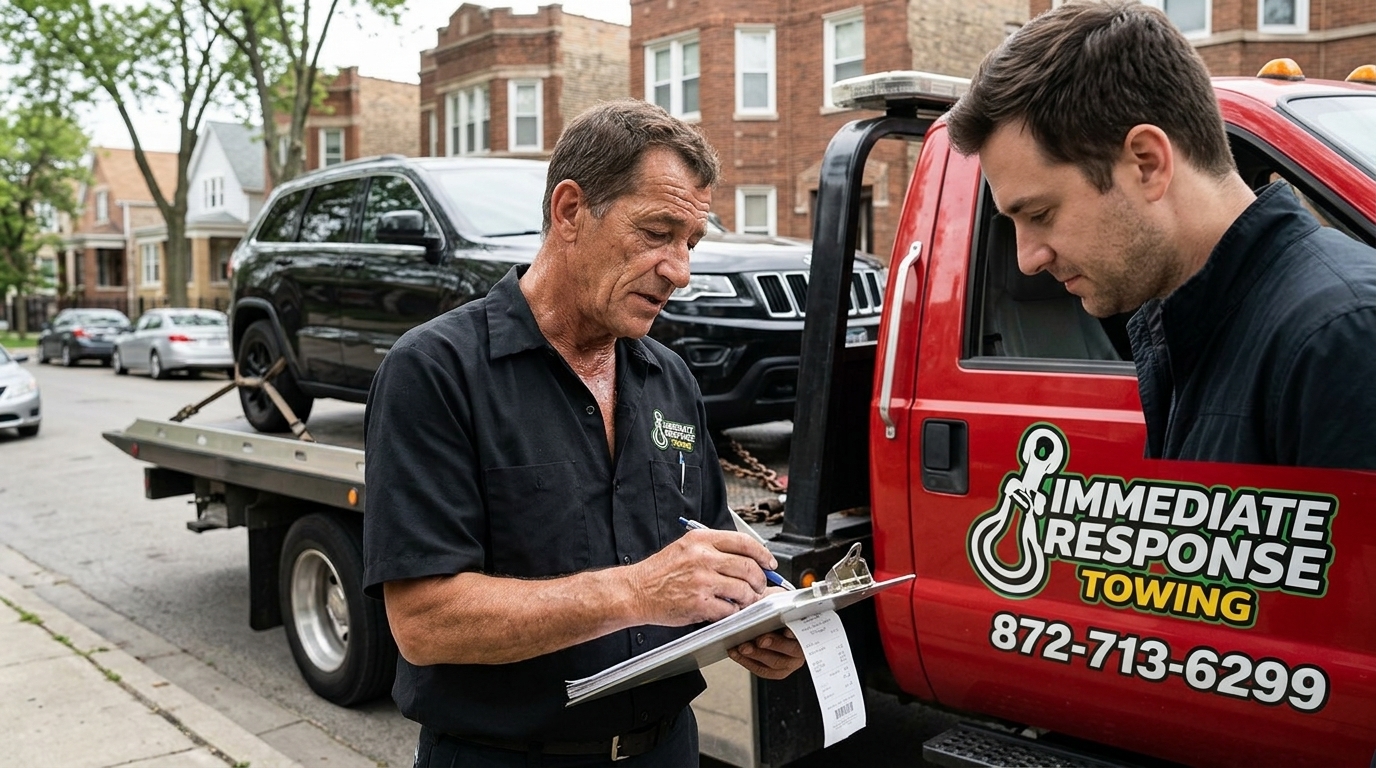 Immediate Response Towing driver going over an itemized receipt with a customer