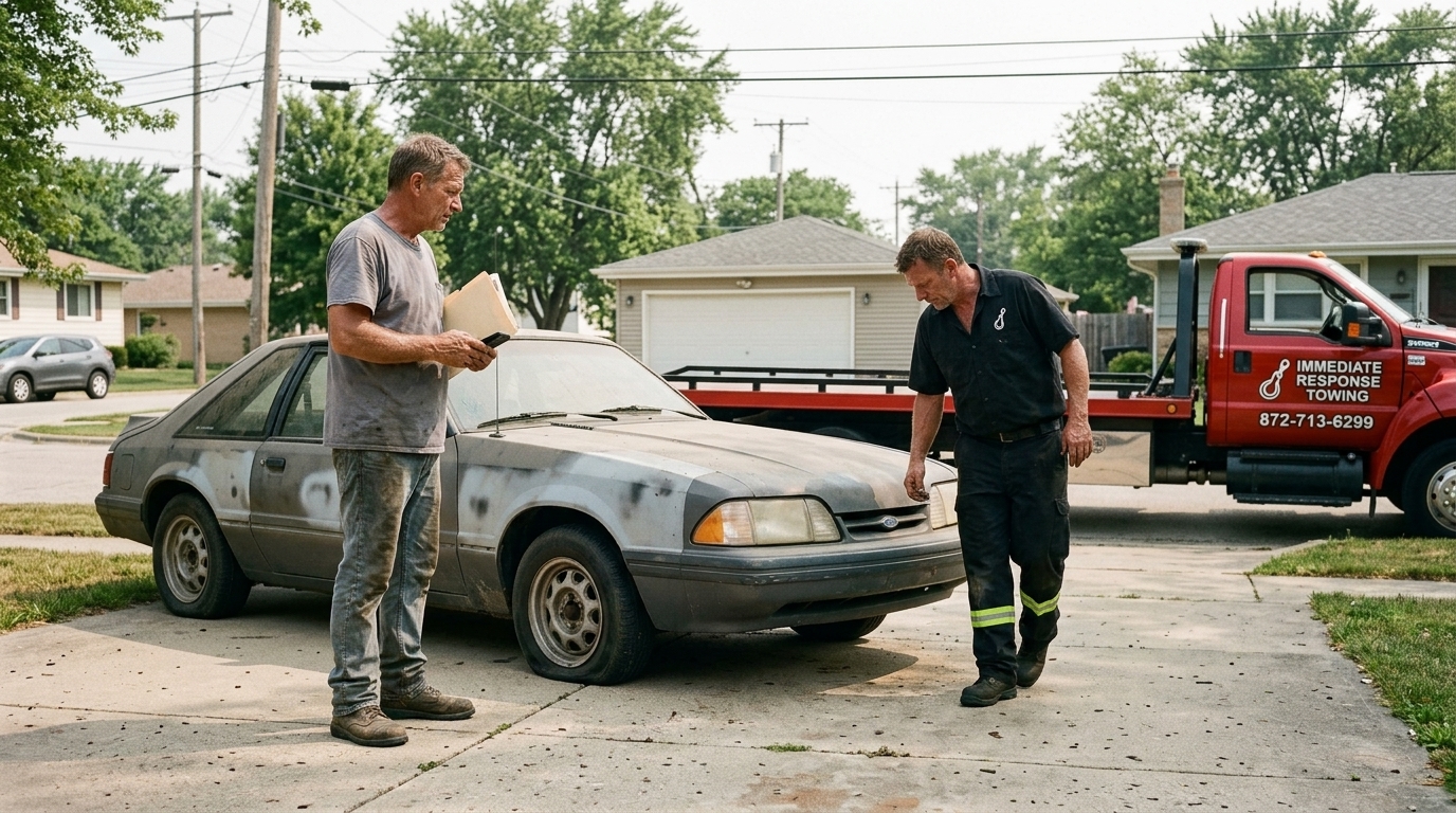 Car owner and Immediate Response Towing operator checking a project car before pickup Car owner and Immediate Response Towing operator checking a project car before pickup