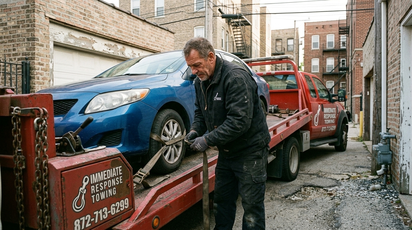 Immediate Response Towing operator securing a car with straps in a Chicago alley Immediate Response Towing operator securing a car with straps in a Chicago alley